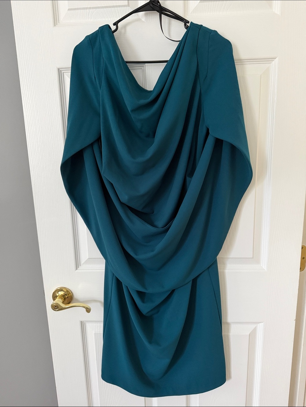 Teal Long Sleeve Draped Cowl Dress